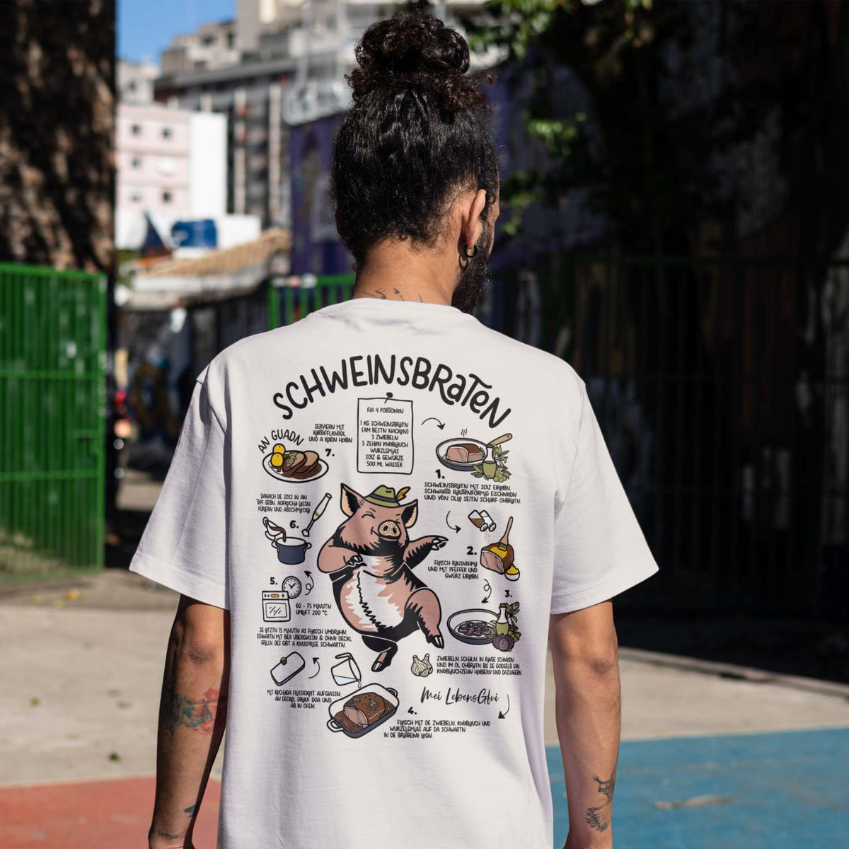 Herren Rezept T-Shirt Schweinsbraten weiß mit lustiger Anleitung in bayerischem Dialekt, Rückansicht.