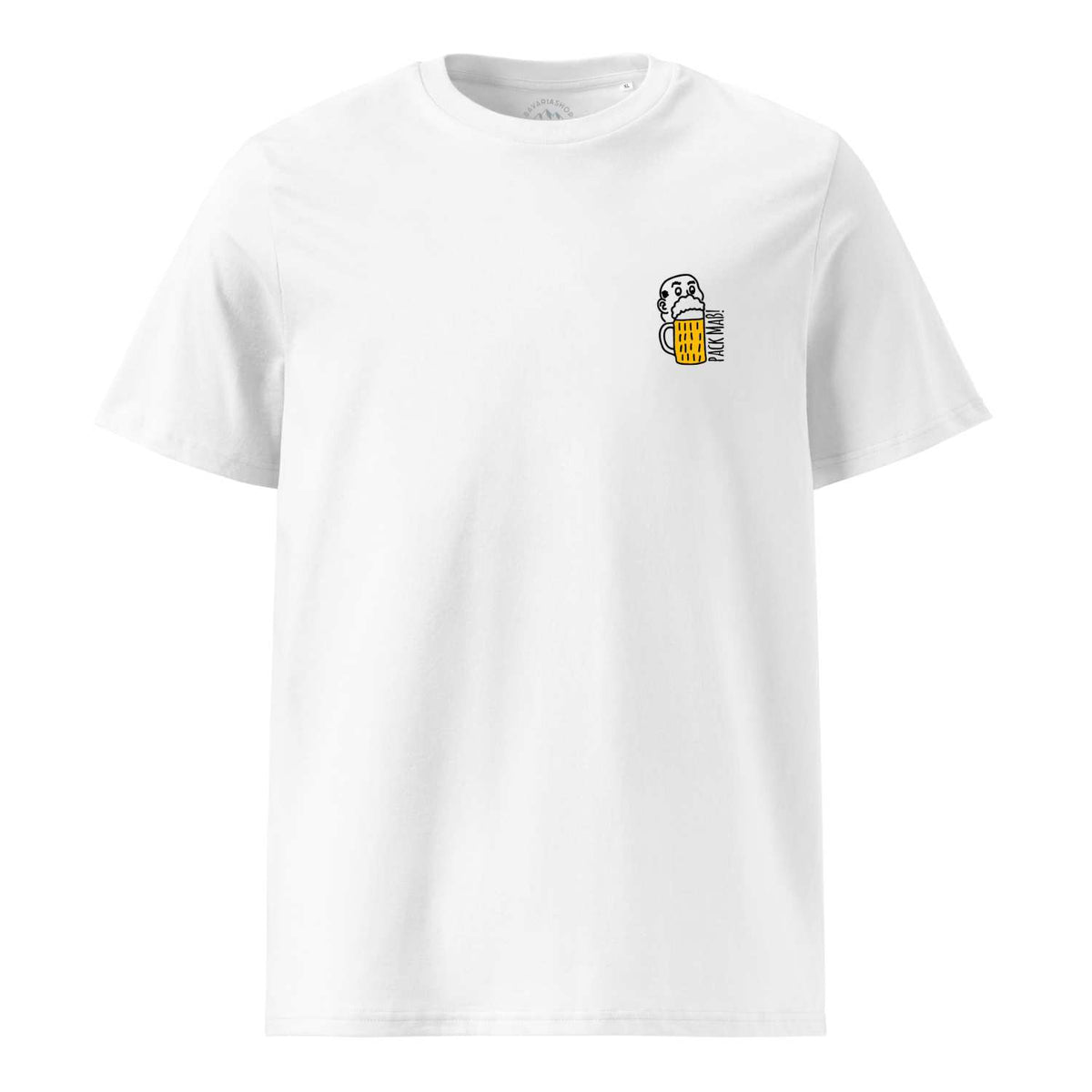 Weißes Herren Bier T-Shirt "Pack Maß" mit lustigem Bierkrug-Motiv und Bierbart auf der linken Brust.
