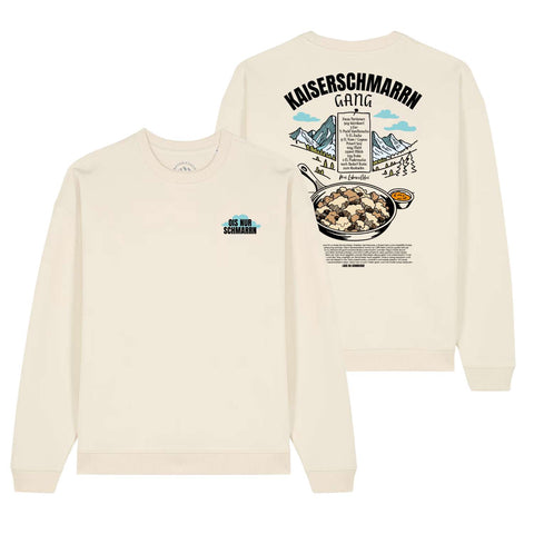 Herren Rezept Pullover "Kaiserschmarrn Gang" in Naturweiß mit Schmarren-Rezept-Aufdruck und Bergmotiv.