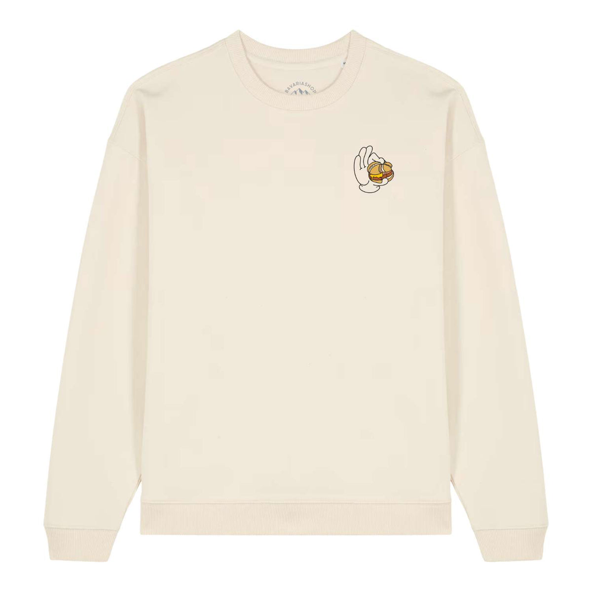 Eleganter Herren Rezept Pullover Lewakaas in Creme mit Leberkäse-Grafik und langen Ärmeln.