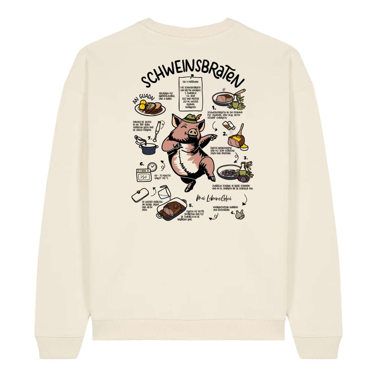 Herren Rezept Pullover "Schweinsbraten" mit detaillierter Anleitung auf der Rückseite und Comic-Schwein.