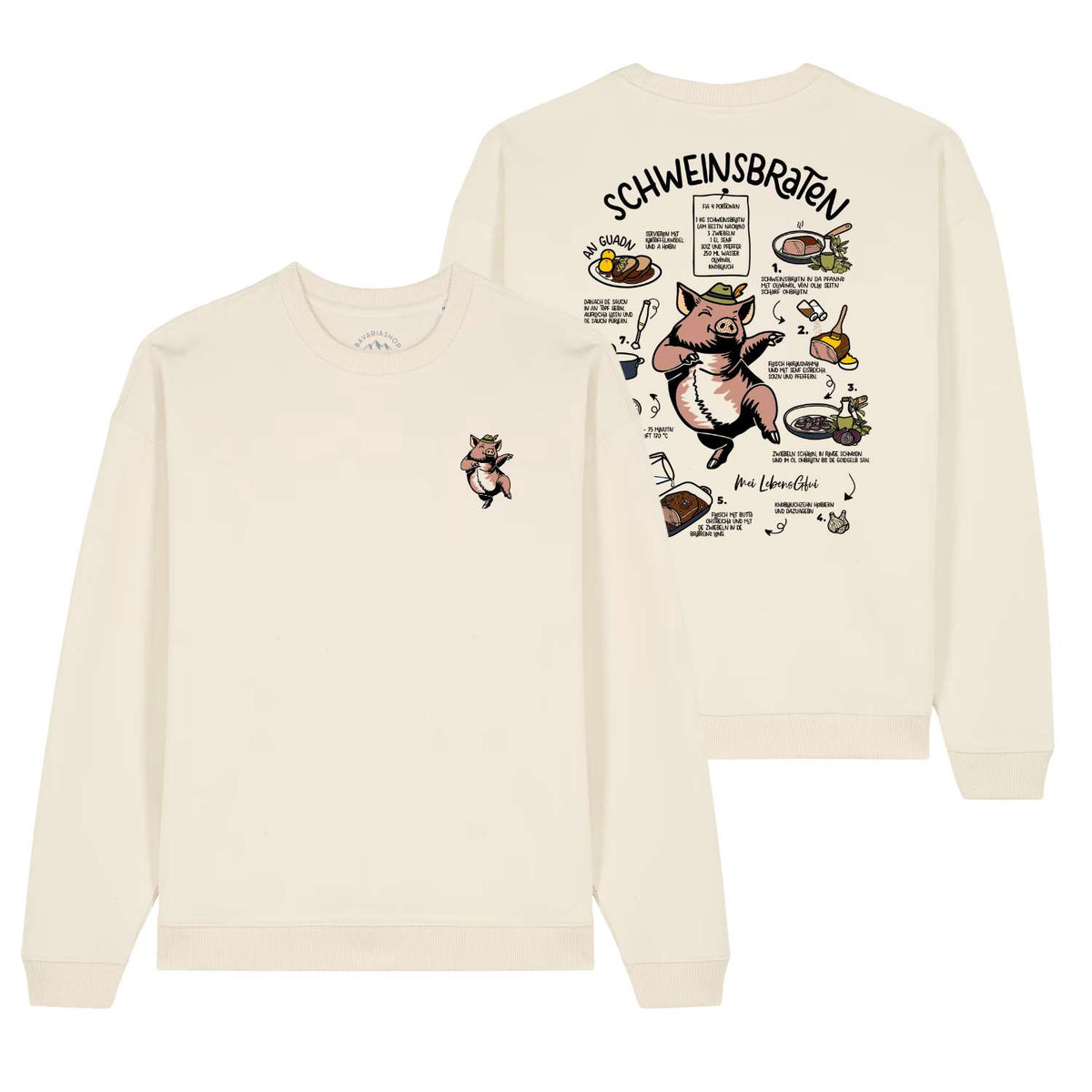 Cremefarbener Herren Rezept Pullover Schweinsbraten mit bayerischem Schwein auf der Brust und Kochrezept auf dem Rücken.