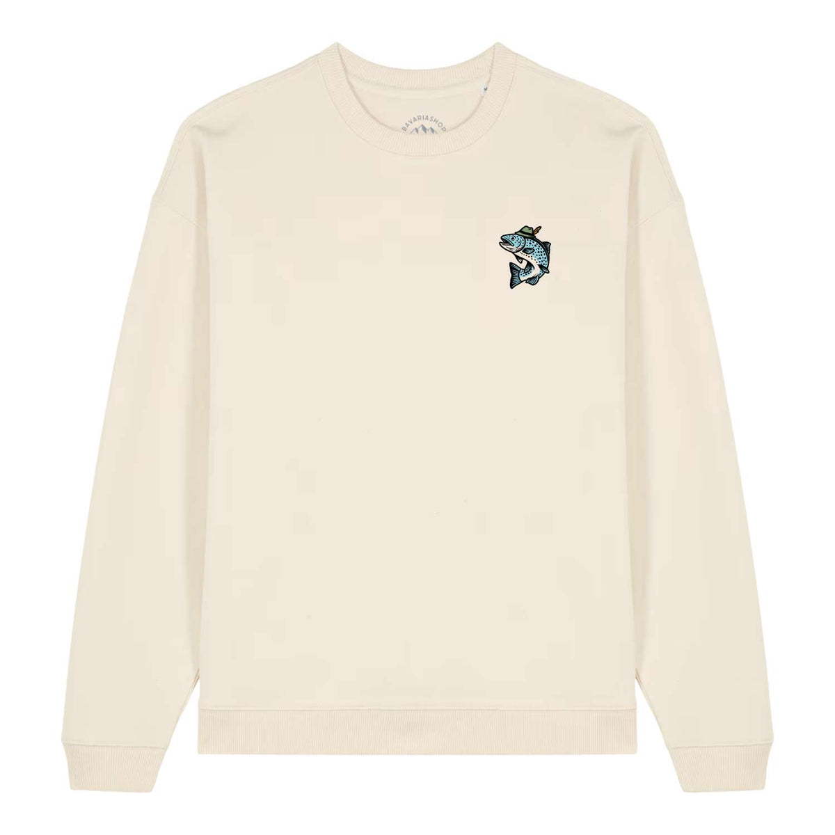 Beiger Herren Rezept Pullover Steckerlfisch mit blauem Fischmotiv inklusive Hut auf der Brust.
