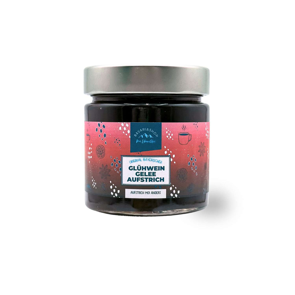 Glühwein-Gelee Fruchtaufstrich in Glas, mit rotem Etikett und winterlichen Motiven für die Adventszeit.