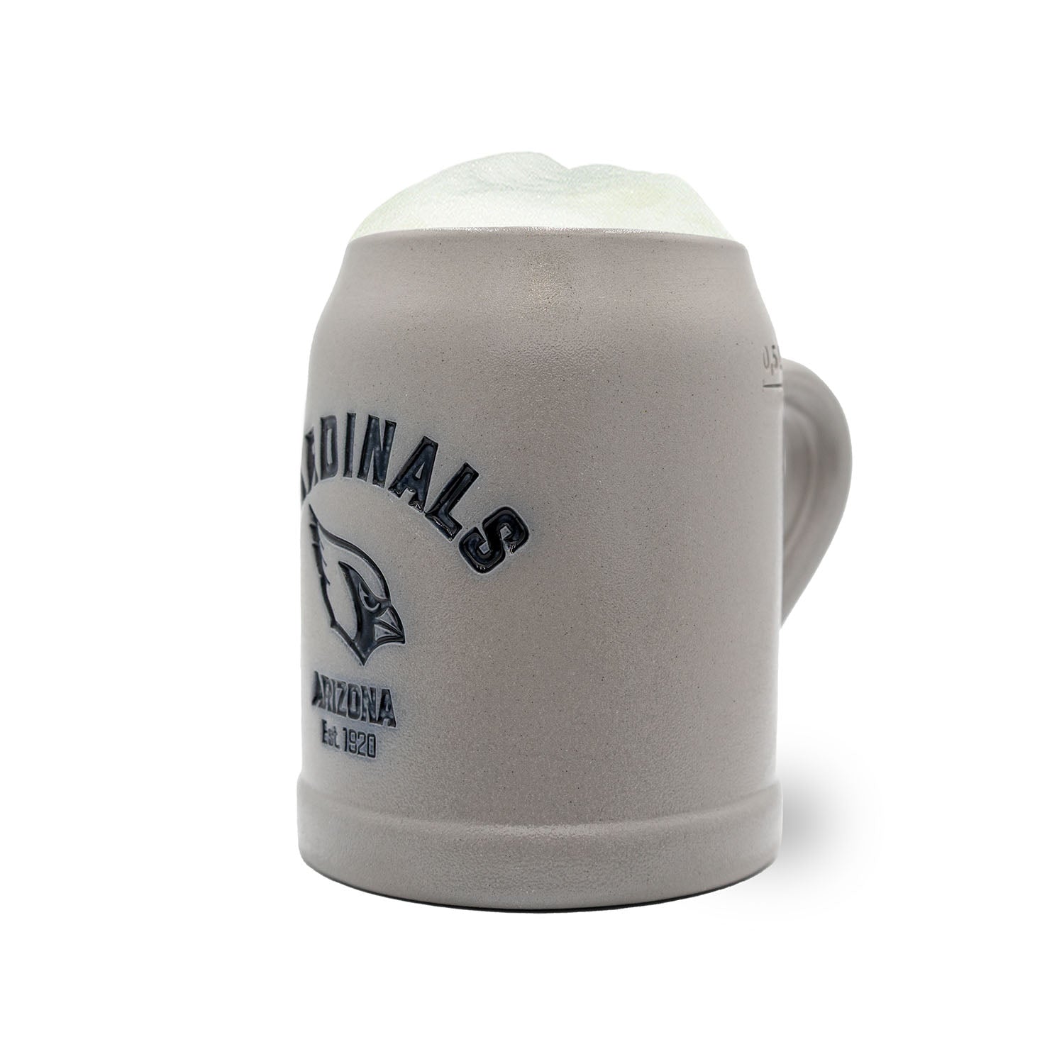 NFL PREMIUM Teamkrug Arizona Cardinals in grauem Steingutdesign mit schwarzem Logo, Schaumkrone, 0,5 Liter Markierung.