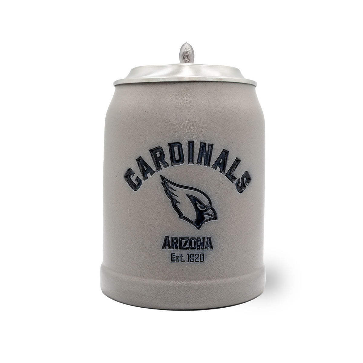 Grauer NFL PREMIUM Teamkrug Arizona Cardinals mit detailreichem Logo, Schriftzug und Zinndeckel, perfekt für Fans.