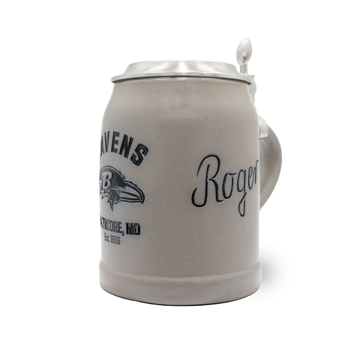 NFL PREMIUM Teamkrug Baltimore Ravens aus grauem Steinzeug mit Zinndeckel und Logo