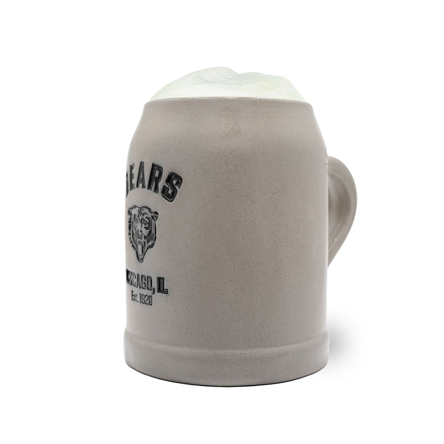 Grauer ®NFL PREMIUM Teamkrug Chicago Bears mit schwarzem Logo, Schaumkrone und bauchigem Design vor weißem Hintergrund.