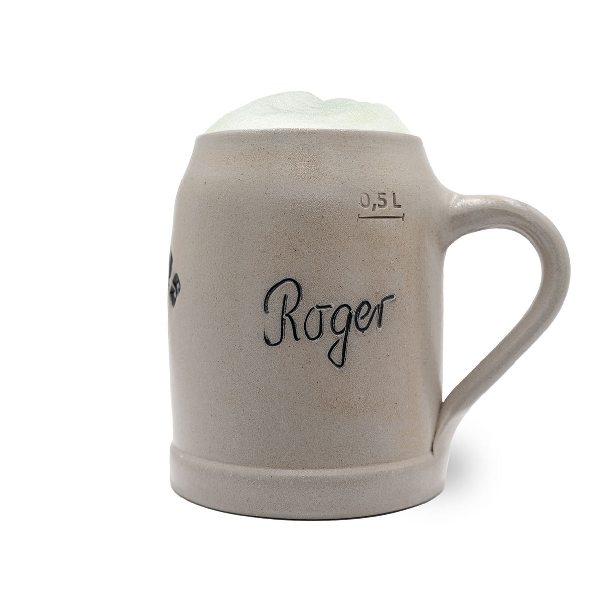 Personalisierter ®NFL PREMUIM Teamkrug Carolina Panthers, graues Steinzeug mit schwarzem Schriftzug Roger und Bierschaum.