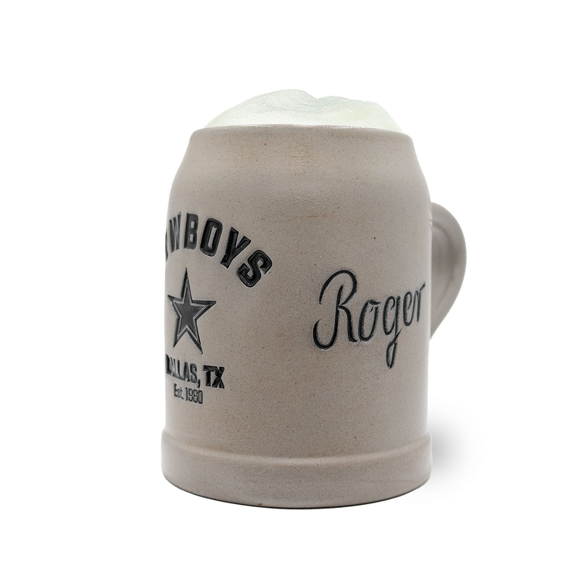 Grauer NFL PREMIUM Teamkrug Dallas Cowboys, mit Schriftzug, Stern-Logo und leicht schaumiger Oberfläche.