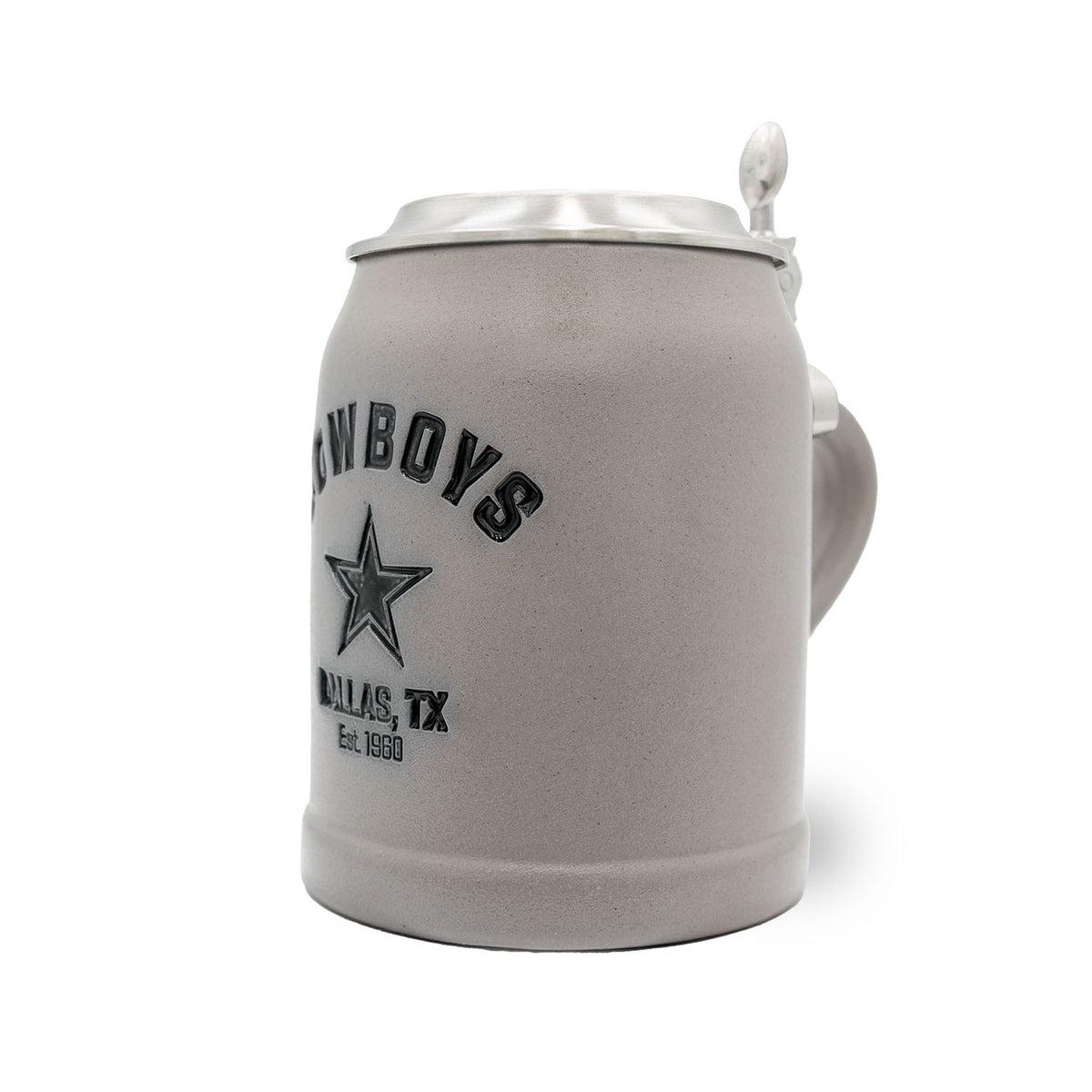 Grauer NFL PREMIUM Teamkrug Dallas Cowboys aus Steinzeug mit Zinnklappdeckel und Teamlogo