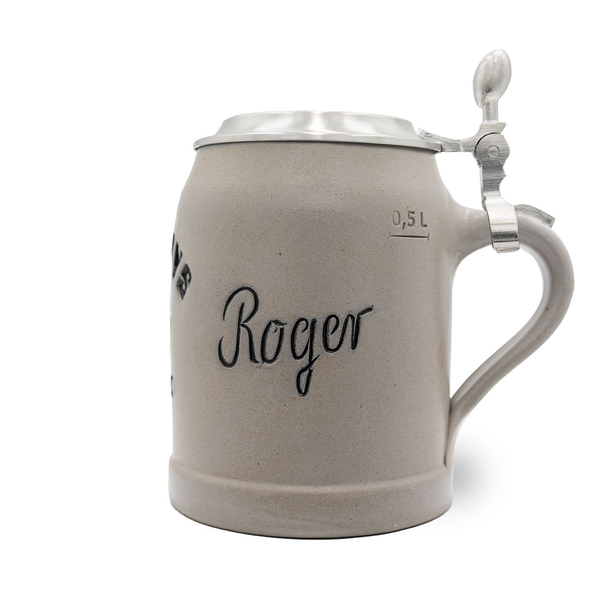 Grauer NFL PREMIUM Teamkrug Dallas Cowboys aus Steinzeug mit Zinnklappdeckel und Gravur Roger