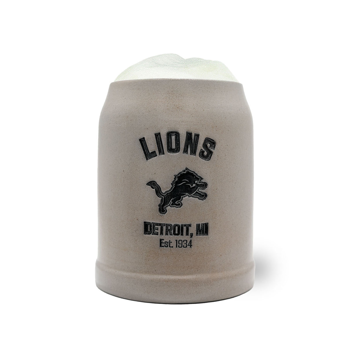 Großer®NFL PREMIUM Teamkrug Detroit Lions aus Steinzeug mit Schaumkrone, Details und Logo, perfekt für Fans.