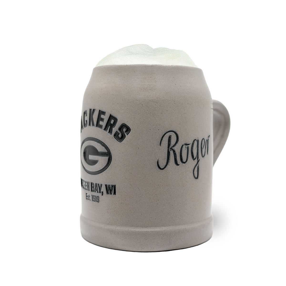 Grauer ®NFL PREMIUM Teamkrug Green Bay Packers aus Steinzeug mit Schaumkrone, Logo und Rogers Schriftzug.