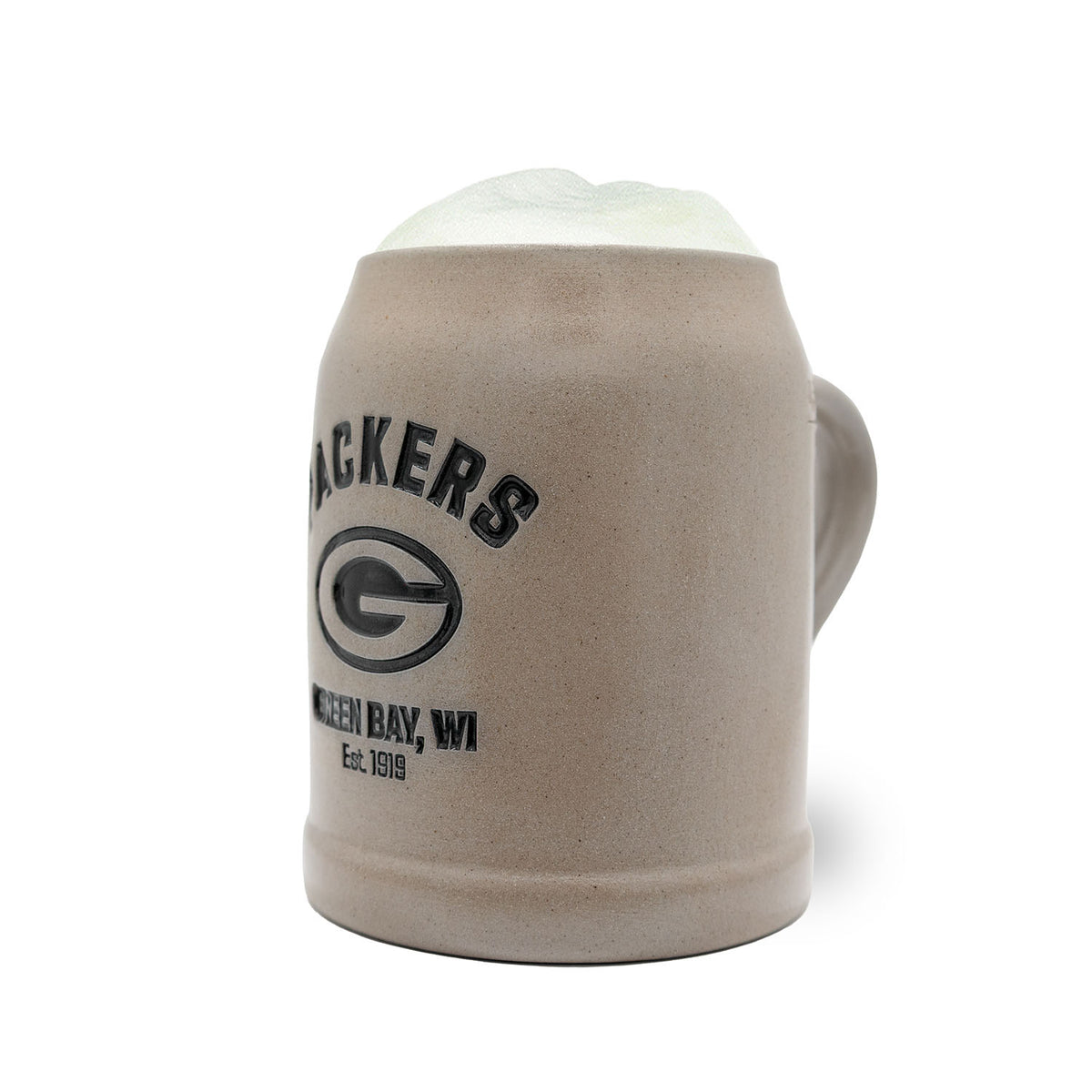 Grauer NFL PREMIUM Teamkrug Green Bay Packers, mit Logo, Schriftzug und Schaumkrone, seitliche Ansicht.