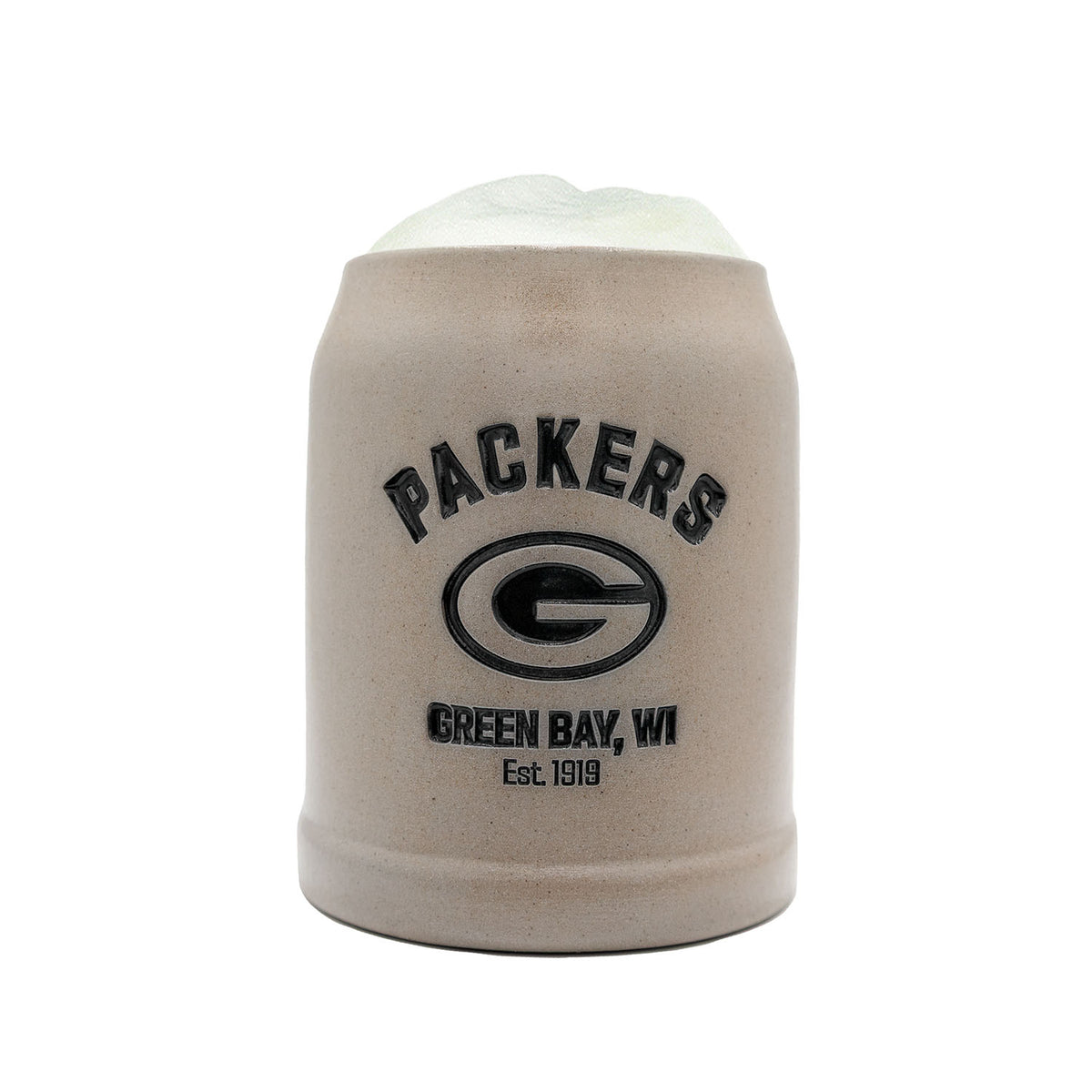 NFL PREMIUM Teamkrug Green Bay Packers, steingrau mit schwarzem Logo, gefüllt mit Schaum.