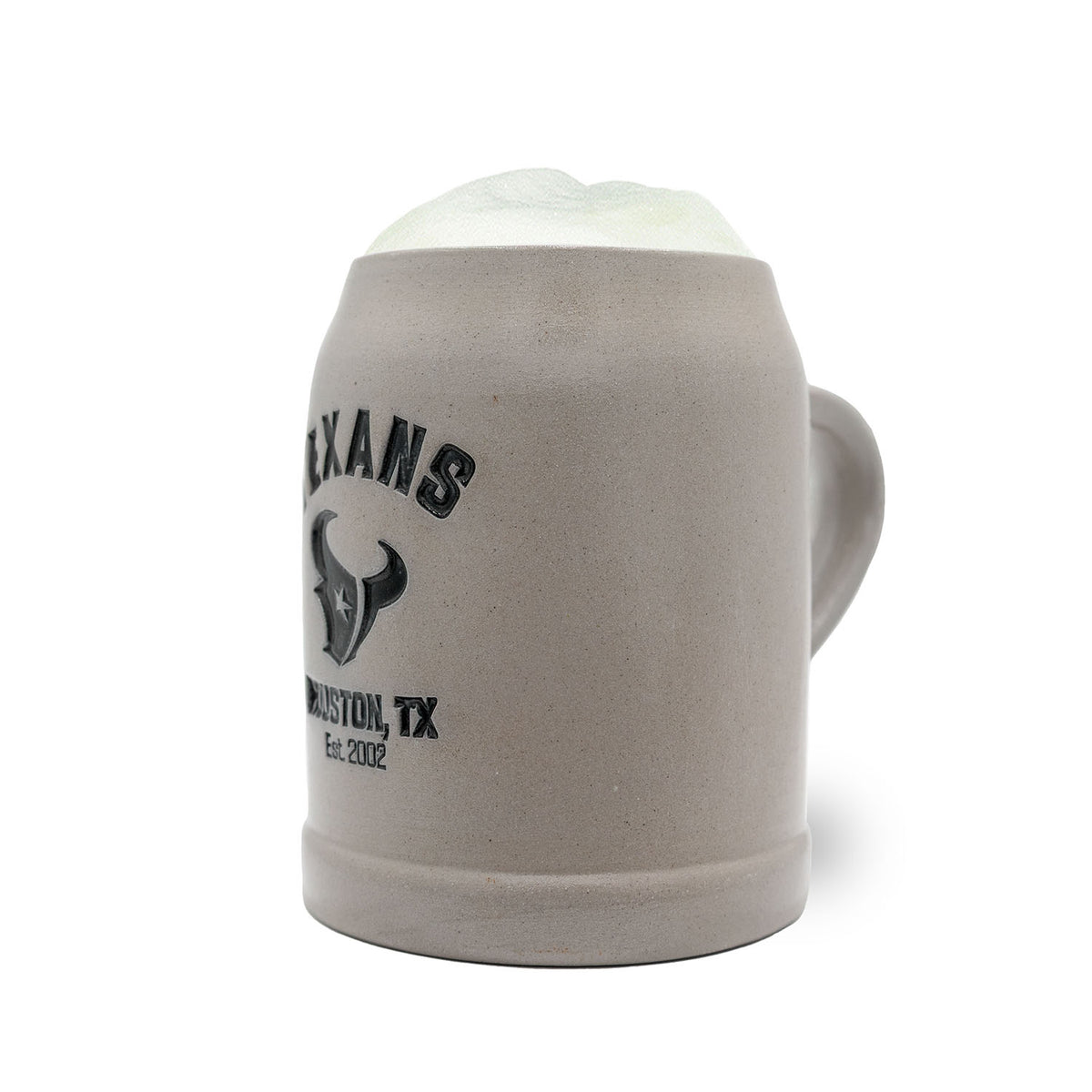Grauer NFL PREMIUM Teamkrug Houston Texans mit Schaumkrone, Details des Teamlogos dunkelgrau auf hellem Ton.