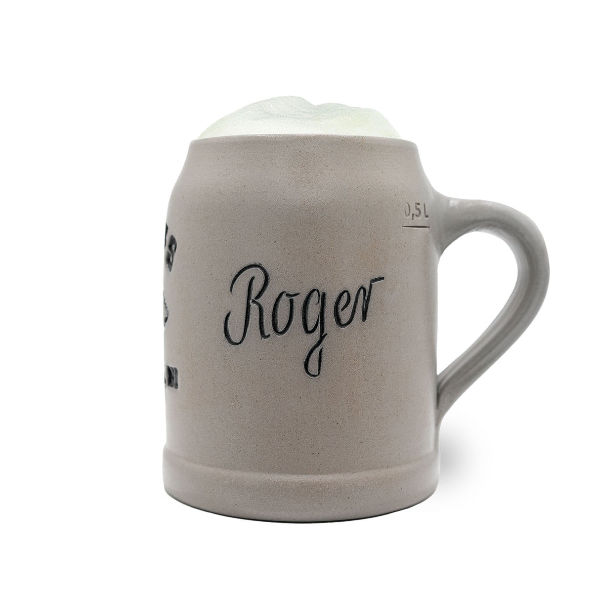 Grauer NFL PREMIUM Teamkrug Houston Texans mit "Roger" Schriftzug, Henkel und Schaumfüllung.