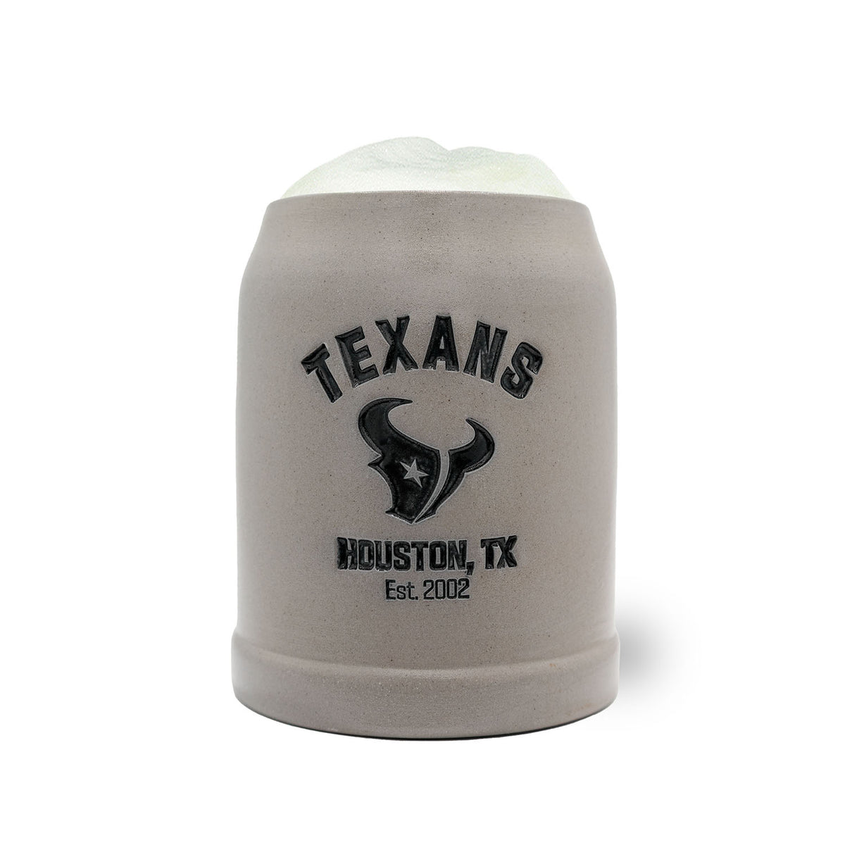 NFL PREMIUM Teamkrug Houston Texans aus grauem Steingut mit schwarzem Texans Logo und Schriftzug, gefüllt mit Bierschaum.