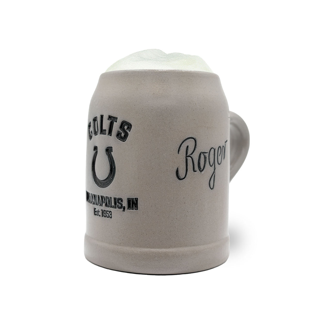 ®NFL PREMIUM Teamkrug Indianapolis Colts aus grauem Steinzeug mit schwarzem Logo, Schriftzug Roger und Bierschaum.