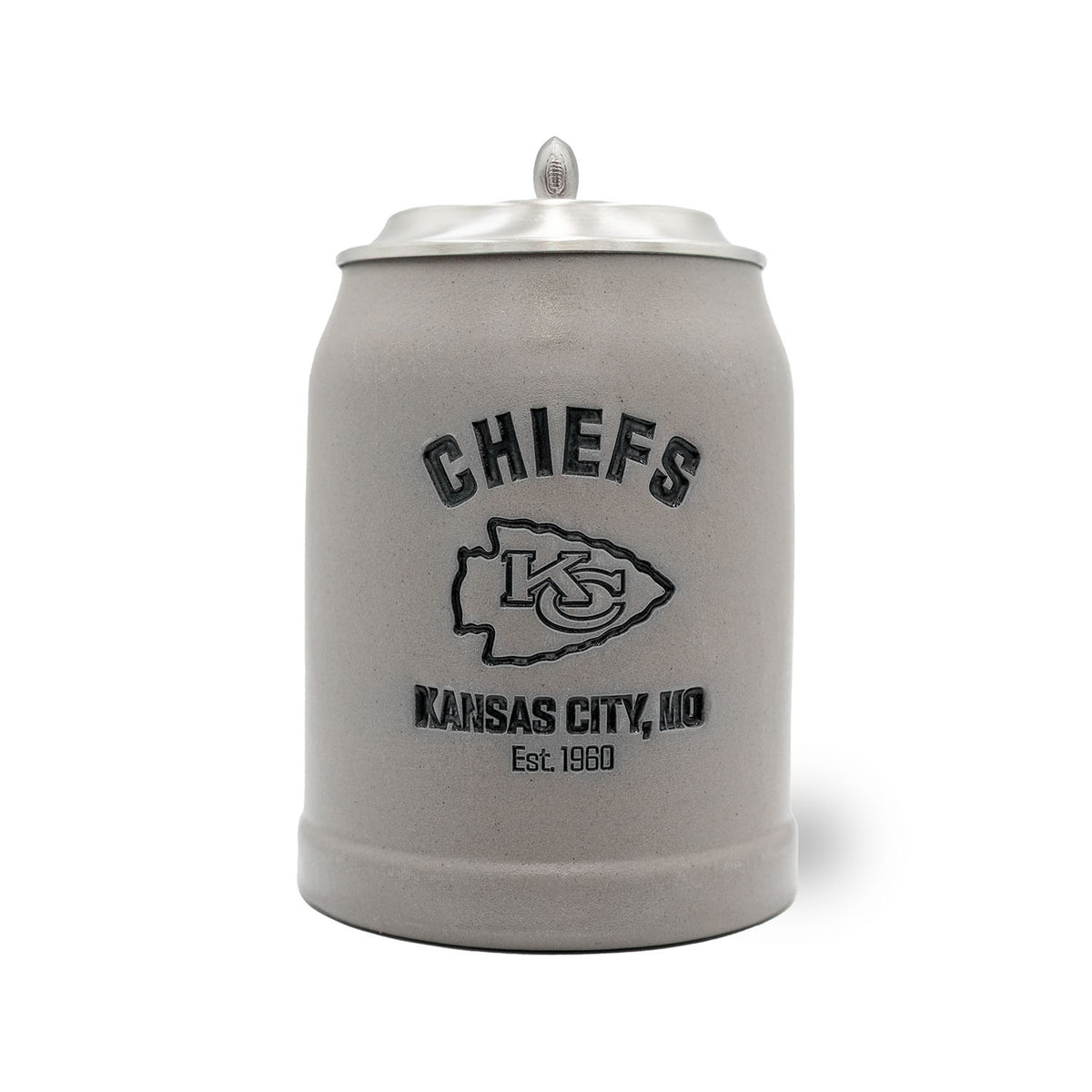 Grauer NFL PREMIUM Teamkrug Kansas City Chiefs mit Zinndeckel und mattem Finish.