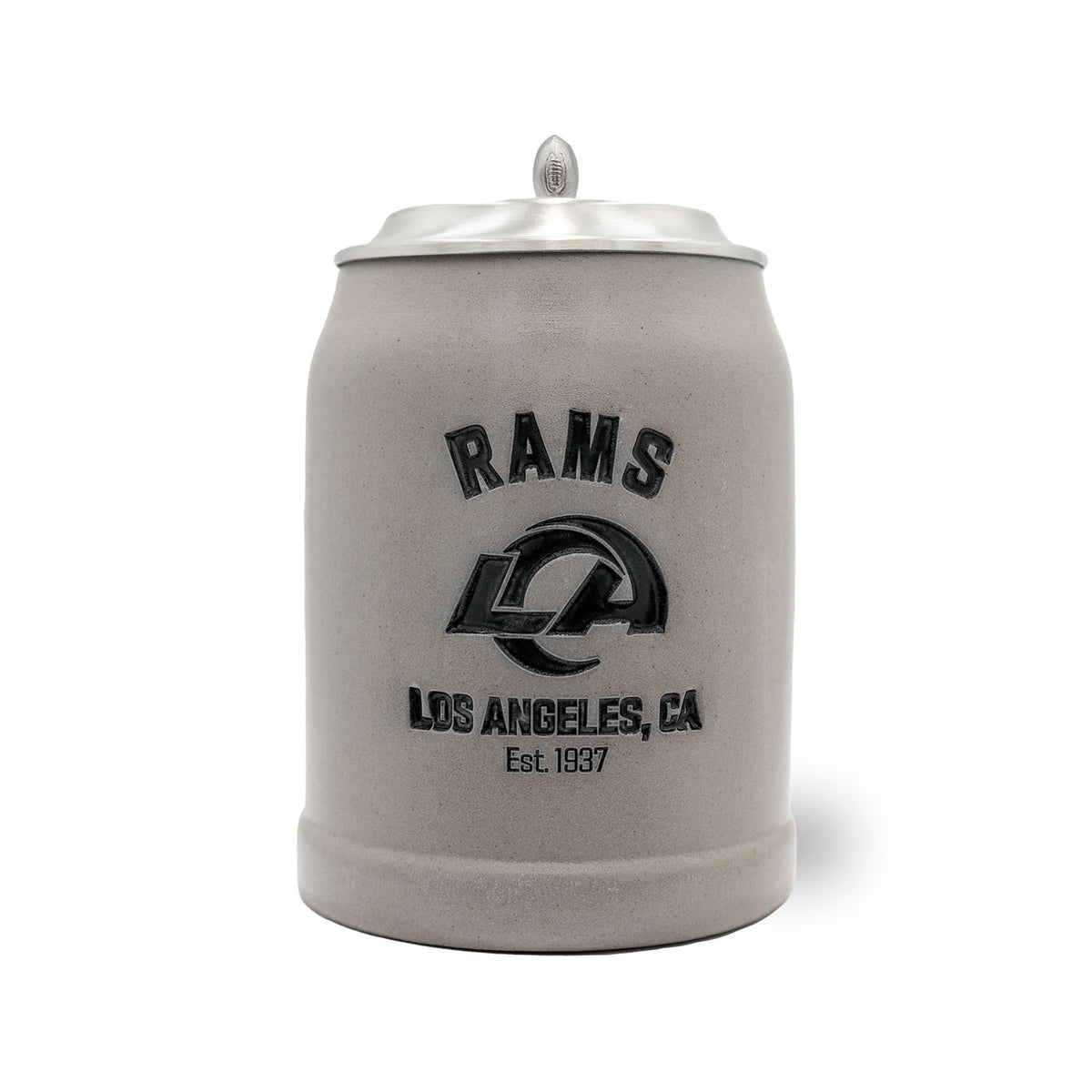 NFL PREMIUM Teamkrug Los Angeles Rams aus Steinzeug, grau, mit Zinn-Deckel und Football-Verzierung, Frontansicht