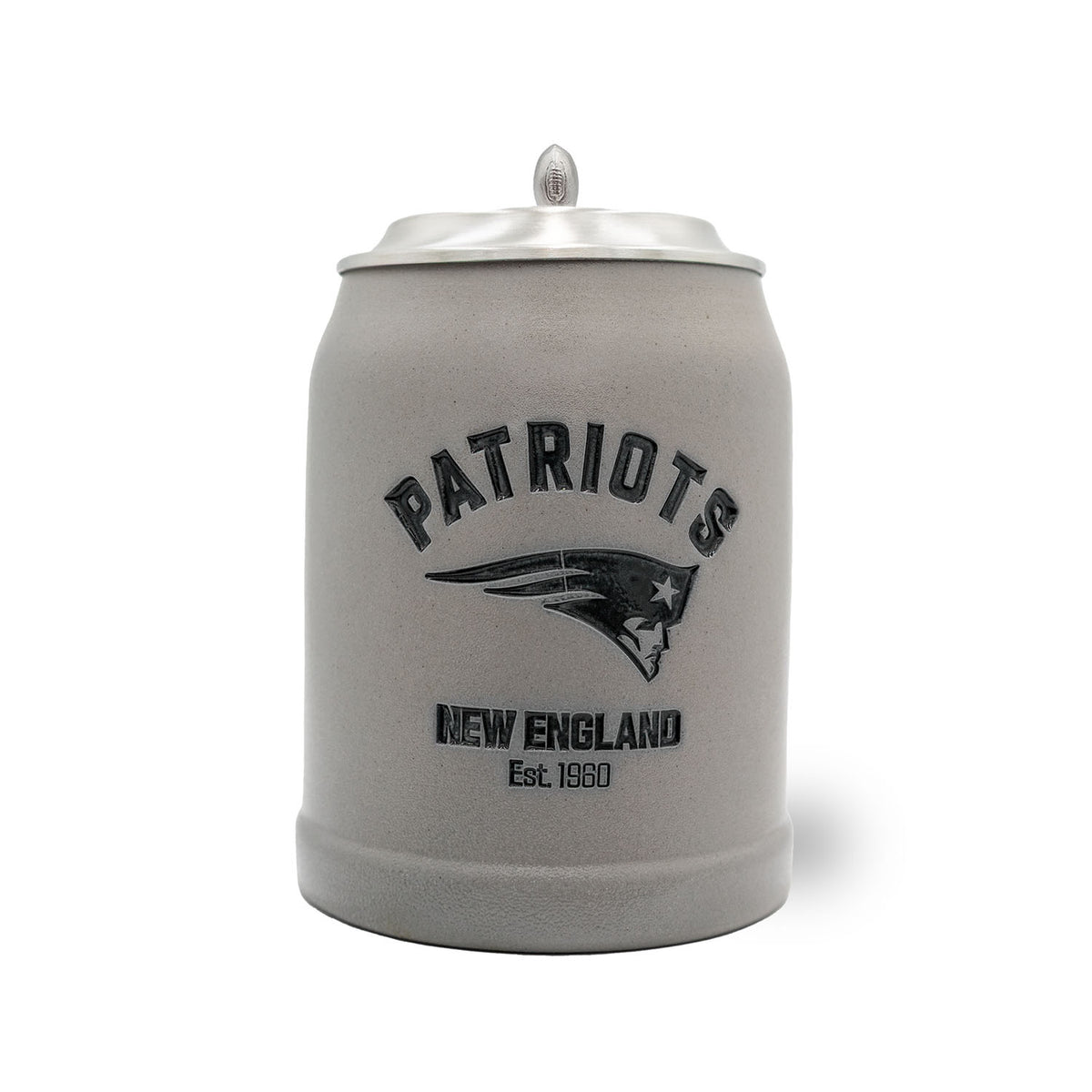 NFL PREMIUM Teamkrug New England Patriots aus mattgrauem Steinzeug mit Zinndeckel und Logo
