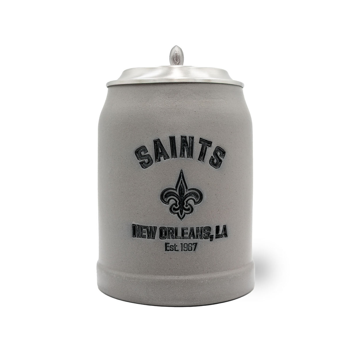 ®NFL PREMIUM Teamkrug New Orleans Saints aus grauem Steinzeug mit Zinndeckel und Fleur-de-Lis Logo.