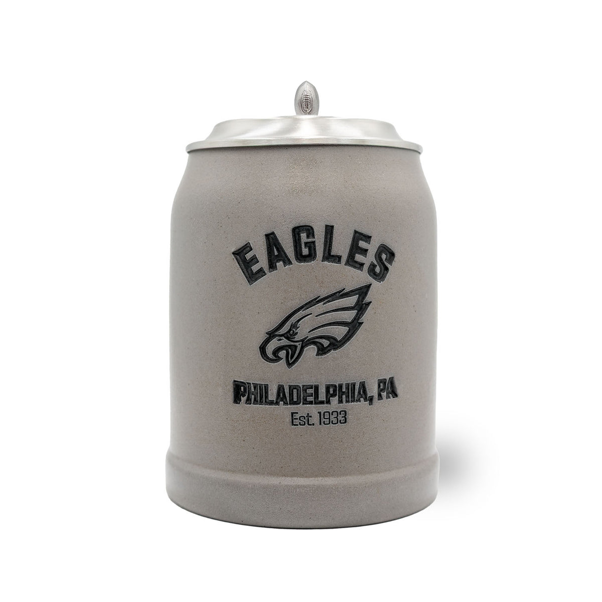 NFL PREMIUM Teamkrug Philadelphia Eagles aus Steinzeug mit Zinndeckel und Logo im Vordergrund.