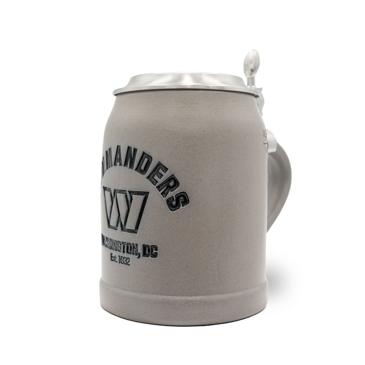 Grauer ®NFL PREMIUM Teamkrug Washington Commanders mit NFL-Logo, Schriftzug und Zinndeckel, für Bierliebhaber.