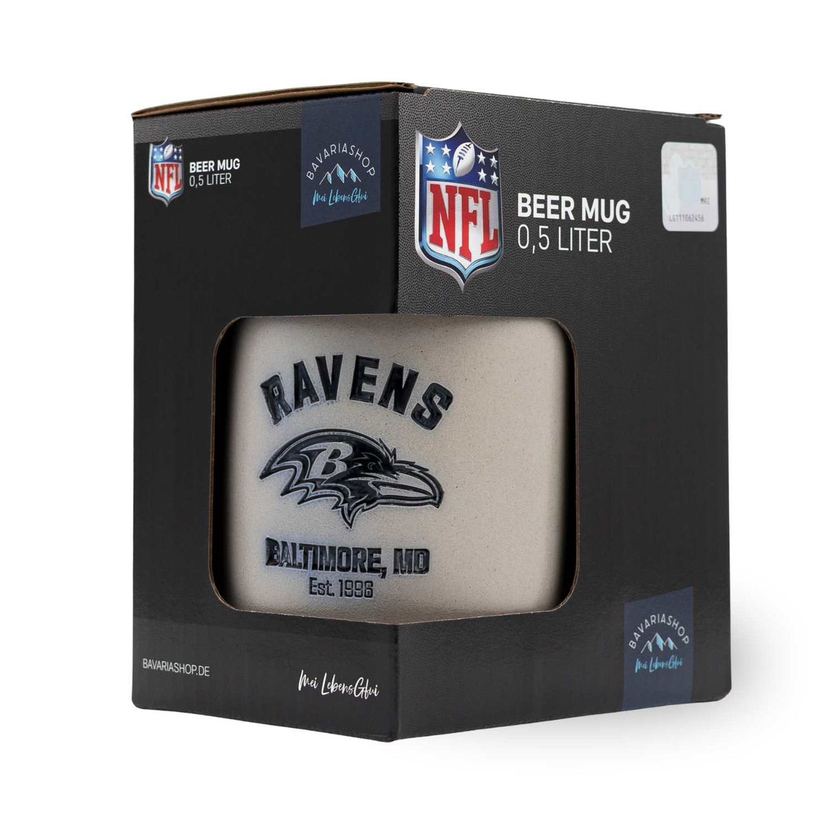 NFL PREMIUM Teamkrug Baltimore Ravens 0,5 Liter im Geschenkkarton mit Ravens Logo und Schriftzug.