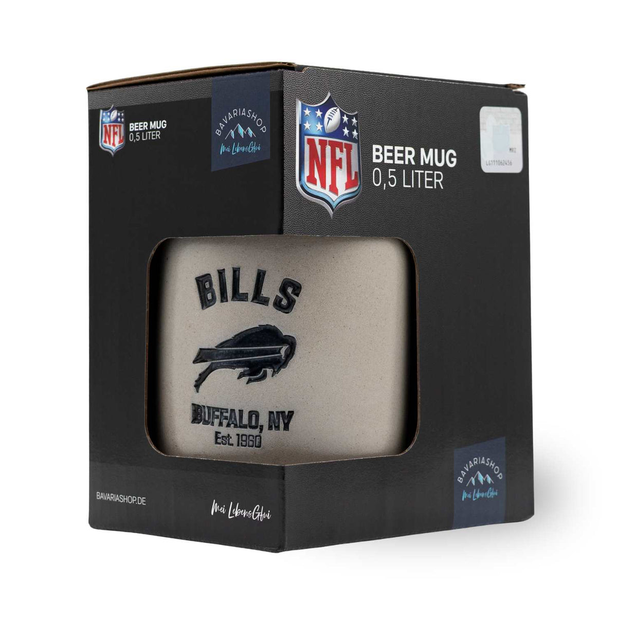 NFL PREMIUM Teamkrug Buffalo Bills in Verpackung. Der Steinzeugkrug zeigt das Bills Logo und Schriftzug.