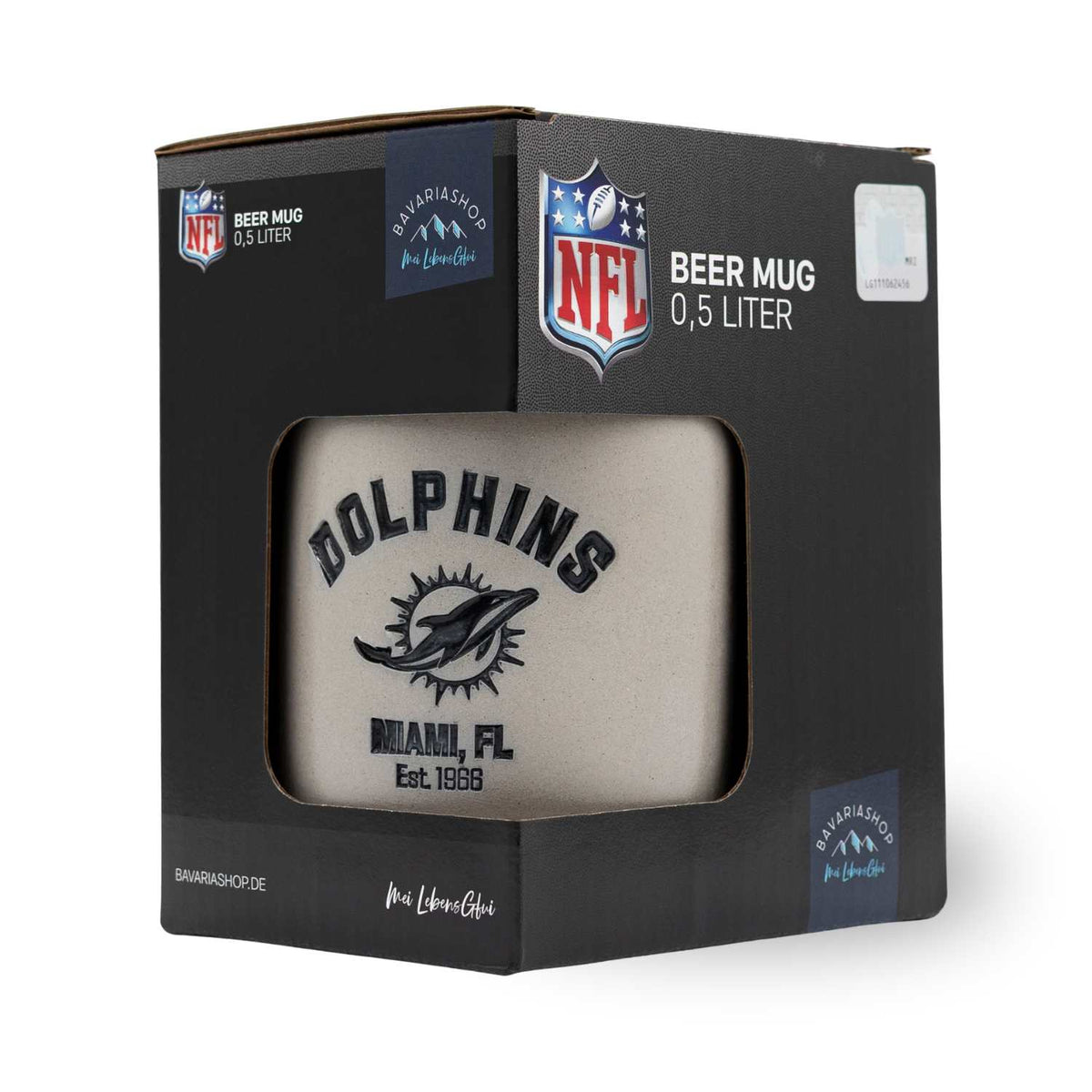 NFL PREMIUM Teamkrug Miami Dolphins in schwarzer Geschenkbox, sichtbar durch ein Sichtfenster.