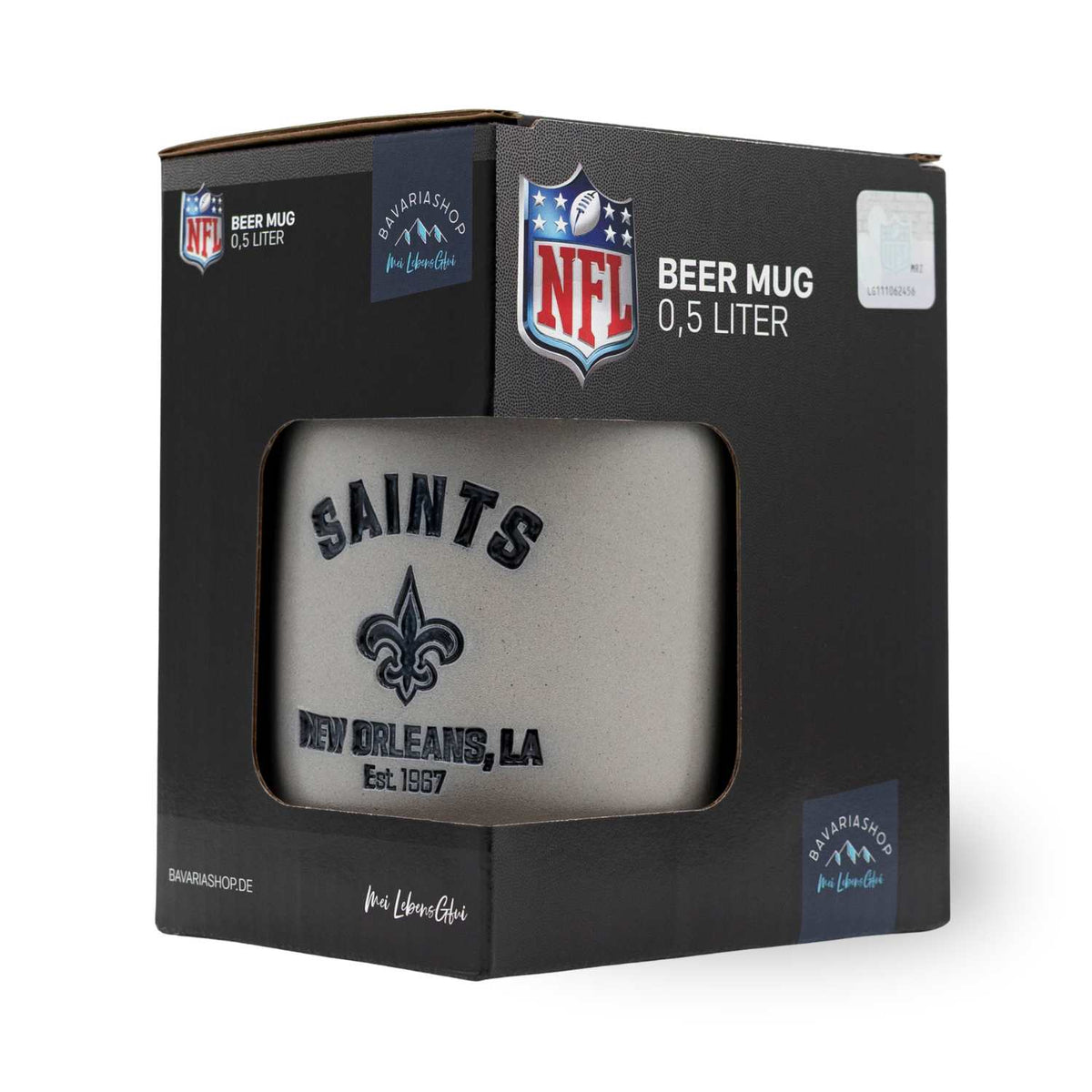 NFL PREMIUM Teamkrug New Orleans Saints in Geschenkbox, 0,5 Liter Steinzeug Bierkrug mit Logo und Schriftzug.