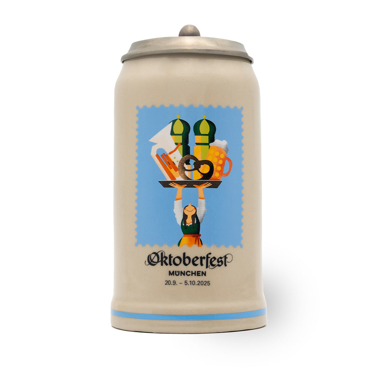 Offizieller Oktoberfestkrug 2025 mit Zinndeckel, Münchner Kindl auf Tablett mit Bier, Brezel und Würsten.
