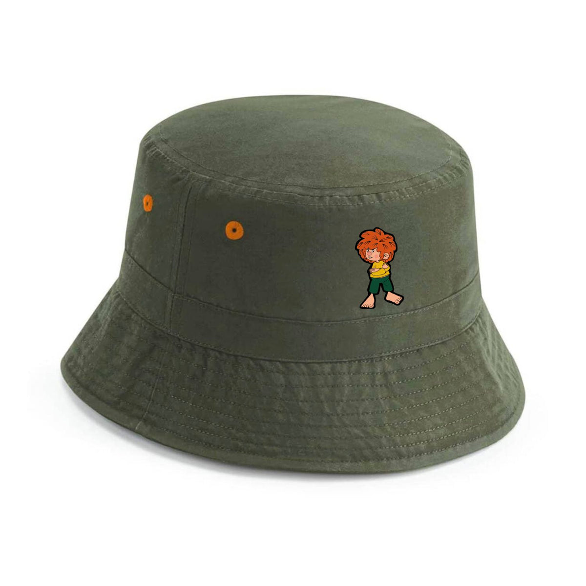 ®Pumuckl Fischerhut Grantla in dunkelgrün mit Pumuckl-Motiv, orange Lüftungsösen und breiter Krempe.