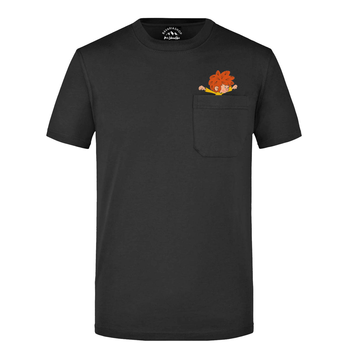Schwarzes Pumuckl T-Shirt „Nei da“ mit aufgesetzter Brusttasche, freigestellt