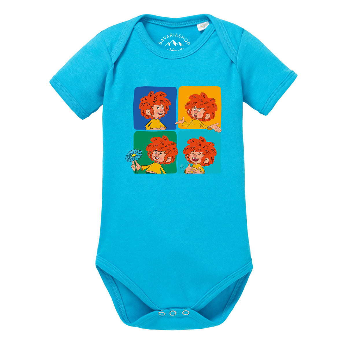 Türkisblauer ®Pumuckl Baby-Body Meisterwerk mit vier lachenden Pumuckl-Motiven in bunten Quadraten für Babys.