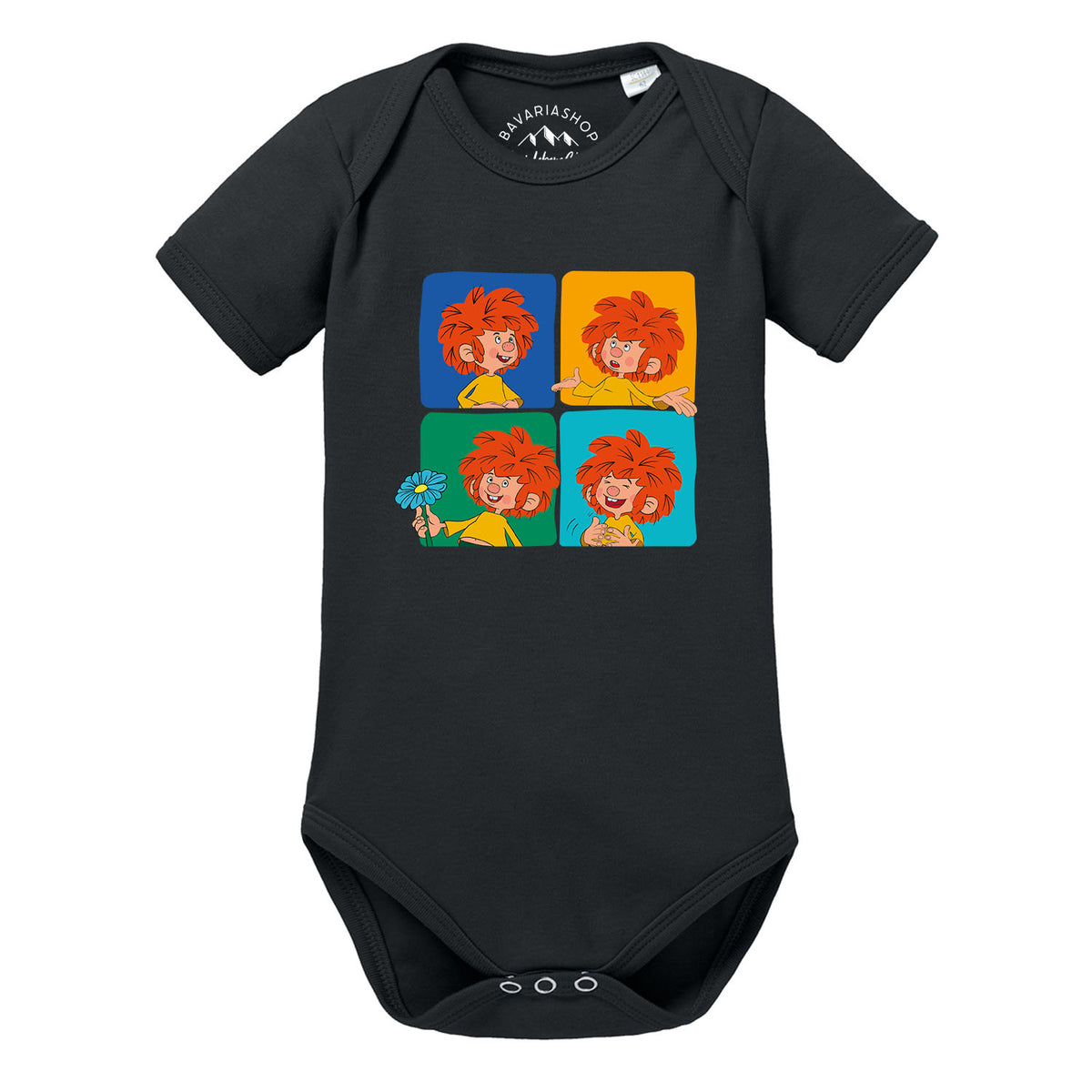®Pumuckl Baby-Body Meisterwerk schwarz mit buntem Comic-Motiv des Kobolds in verschiedenen Posen.