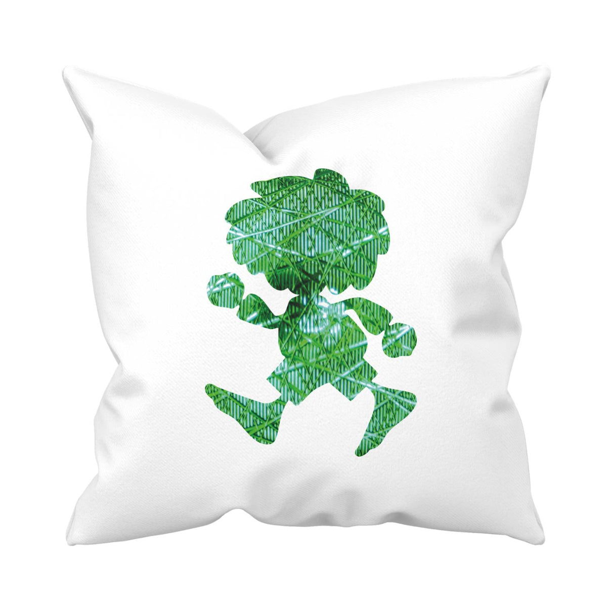 ®Pumuckl Kuschelkissen Ampel-Edition, weißer Bezug mit grünem, gemustertem Pumuckl-Aufdruck in Silhouette.