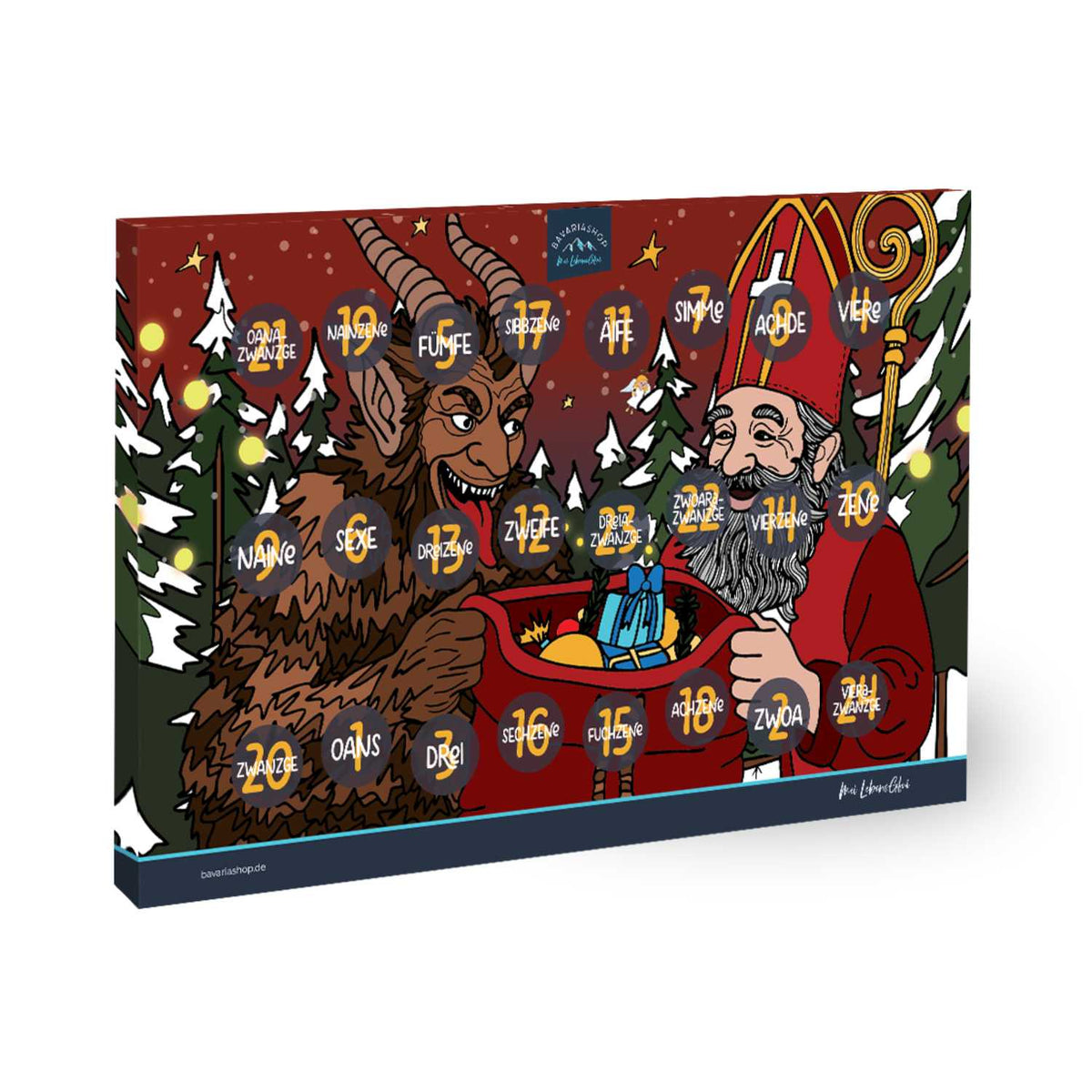 Bayrischer Schoko-Adventskalender Märchenwald mit Weihnachtsmann und Krampus vor Tannenbäumen.