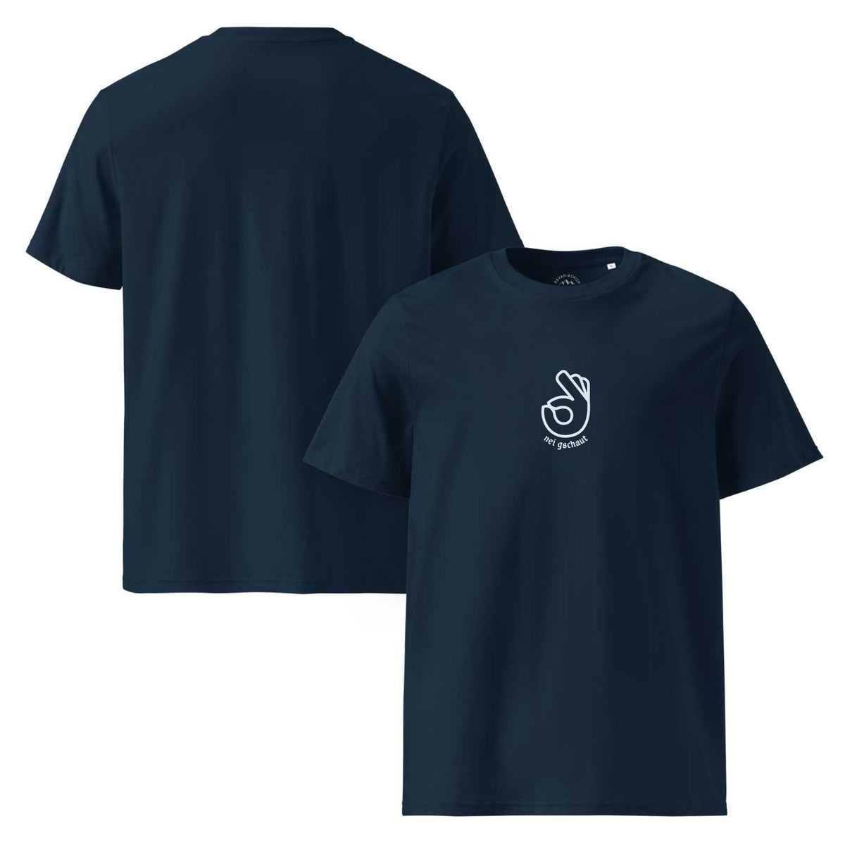 Dunkelblaues Herren T-Shirt Nei gschaut  mit weißem "OK"-Handzeichen und Schriftzug, Rückseite sichtbar.