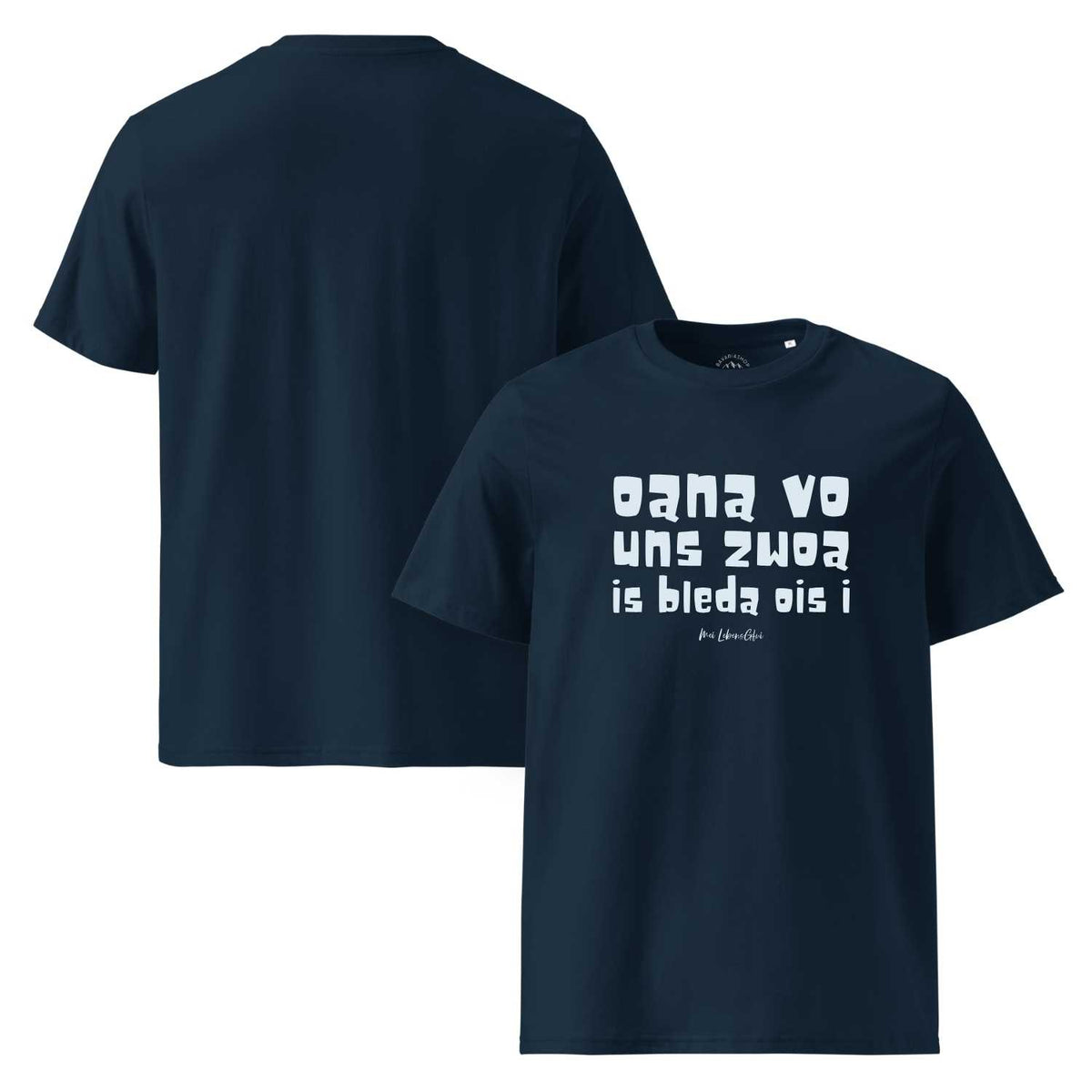 Herren T-Shirt Oana vo uns zwoa in Dunkelblau mit weißem Spruch und Logo, Vorder- und Rückseitenansicht.