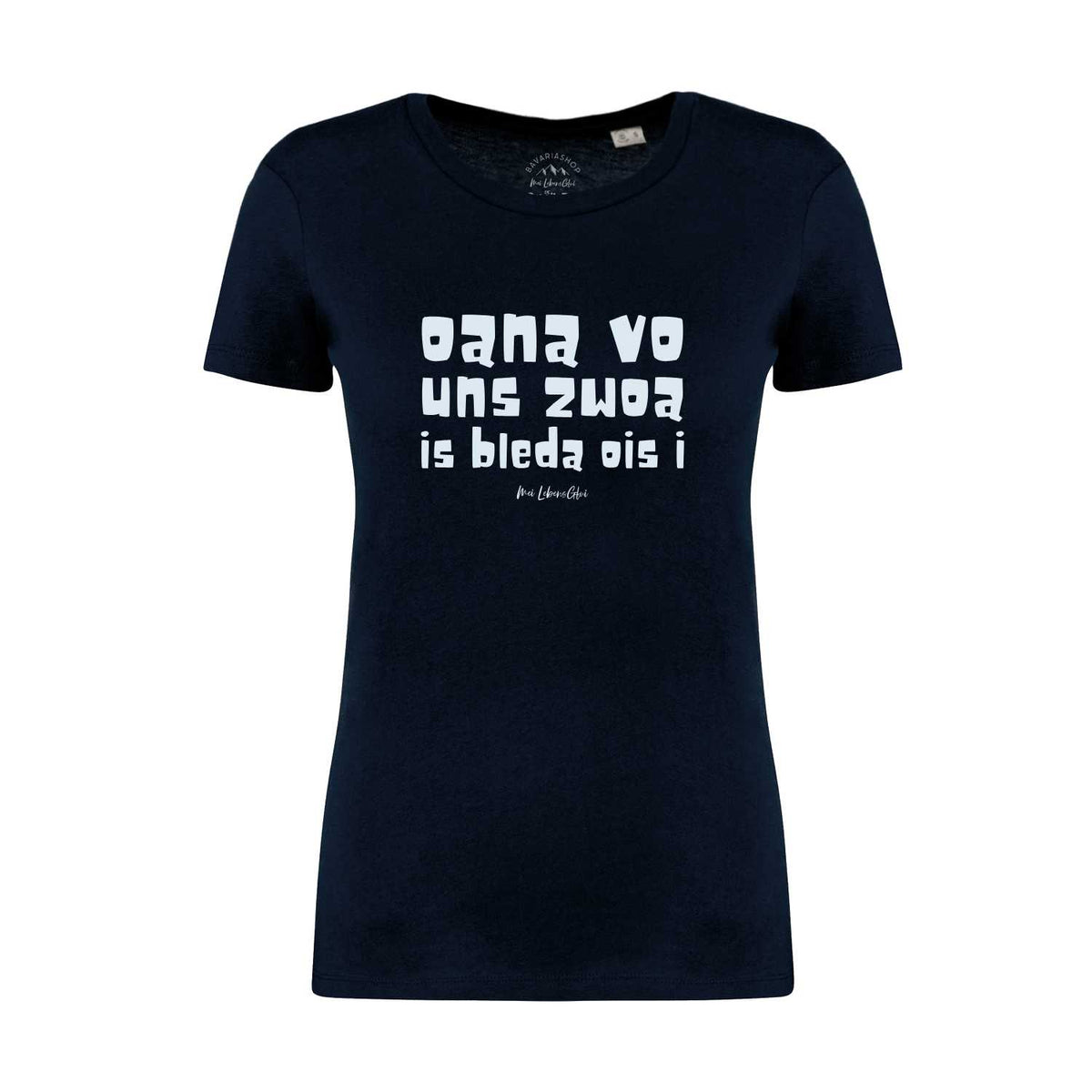 Dunkelblaues Damen T-Shirt "Oana vo uns zwoa" mit weißem bayerischen Spruch und Logo-Detail am Kragen.