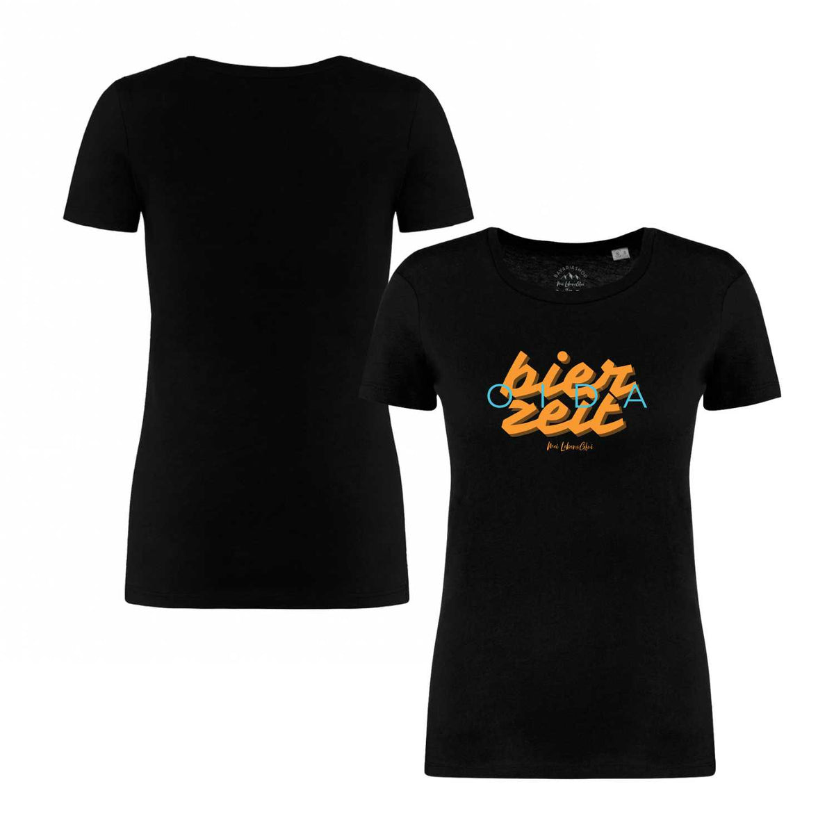 Schwarzes Damen T-Shirt Bierzeit mit orange-blauem Schriftzug auf der Vorderseite, Rückansicht sichtbar.