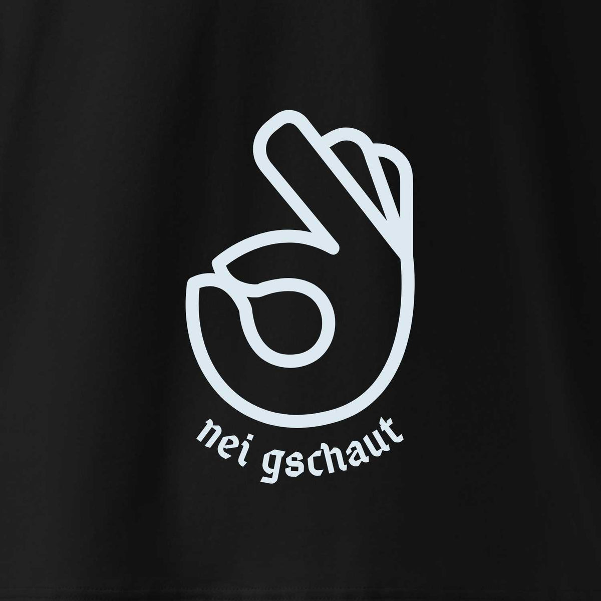 Schwarzes Damen T-Shirt "Nei Gschaut" mit weißem, stilisiertem Hand-Logo und Schriftzug.