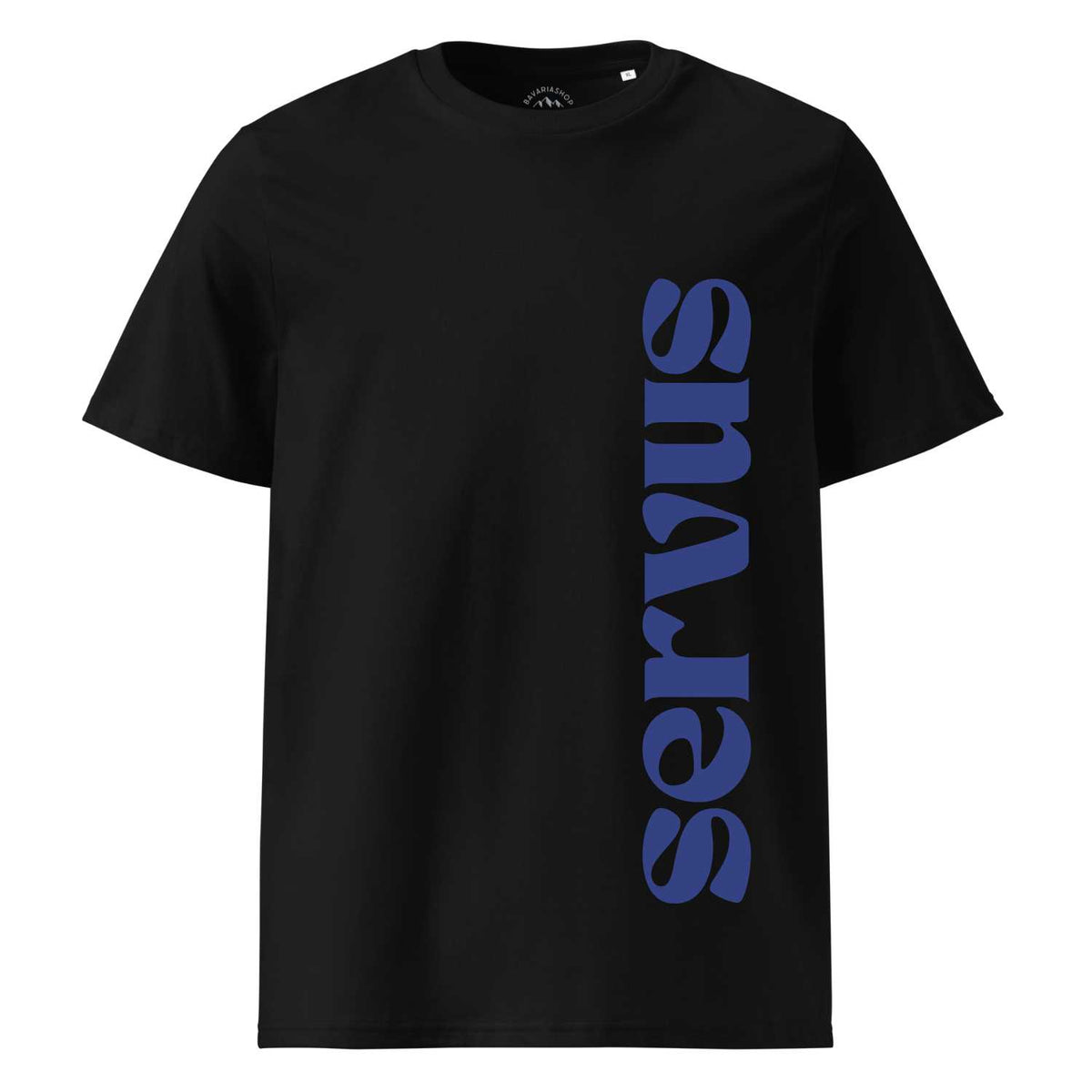 Schwarzes Herren T-Shirt Servus mit großen, vertikal angeordneten, blauen "Servus" Schriftzug auf der Vorderseite