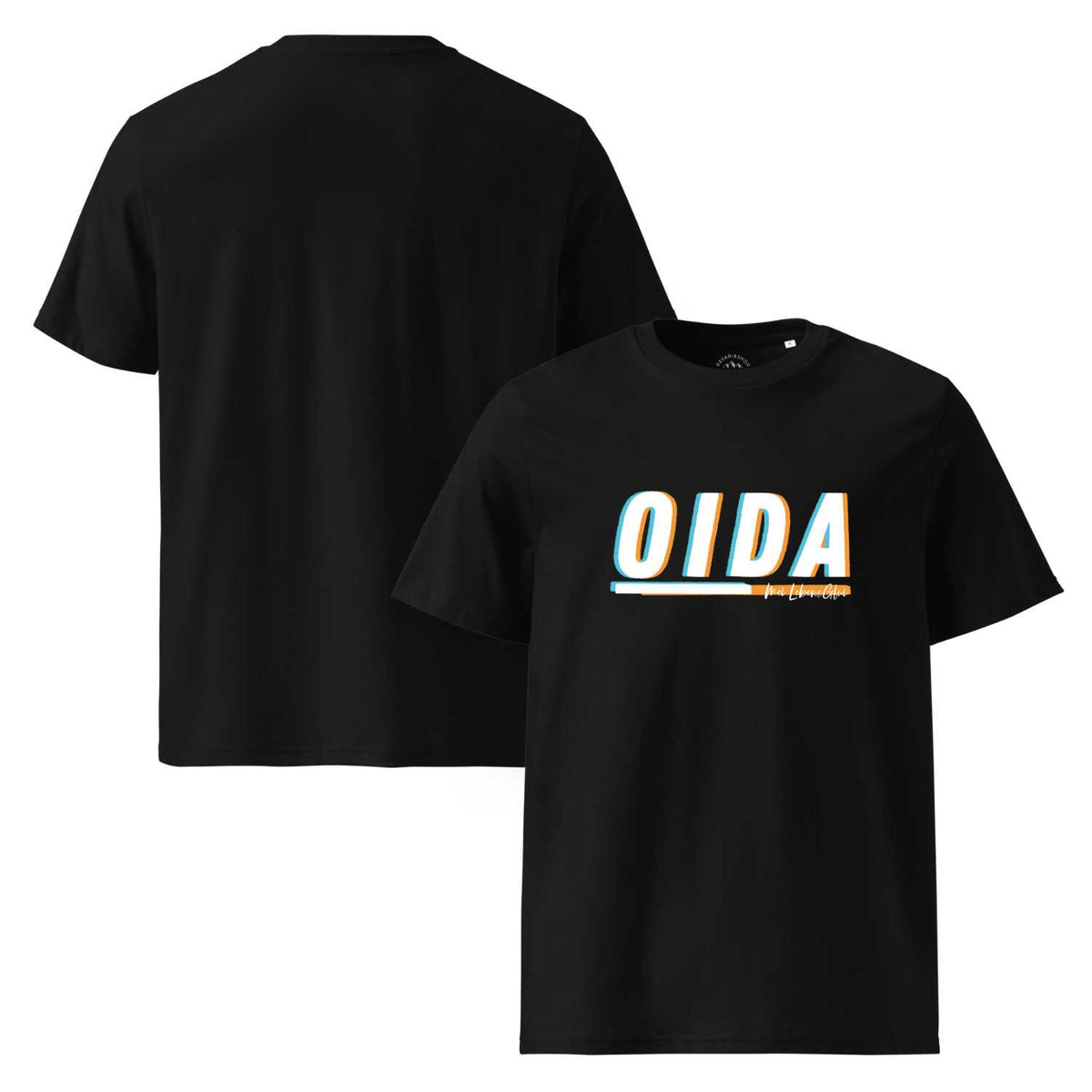 Herren T-Shirt Oida in Schwarz mit mehrfarbigem 3D-Druck des Wortes Oida auf der Vorderseite, legerer Schnitt.