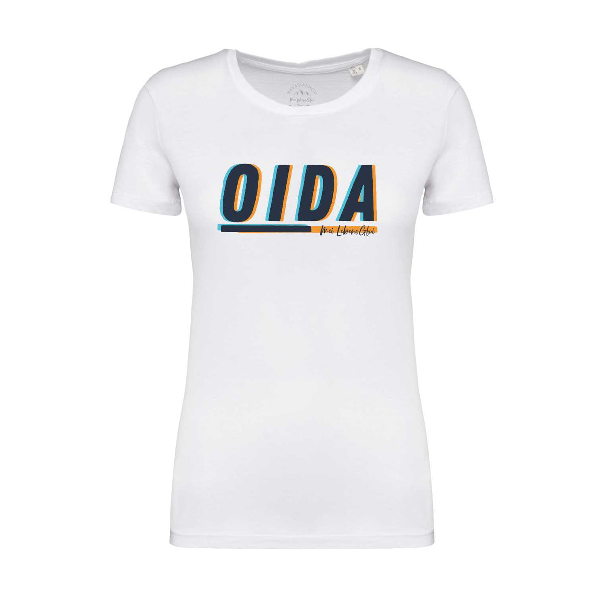 Weißes Damen T-Shirt Oida mit blauem und orangem 3D-Schriftzug und abgerundetem Halsausschnitt