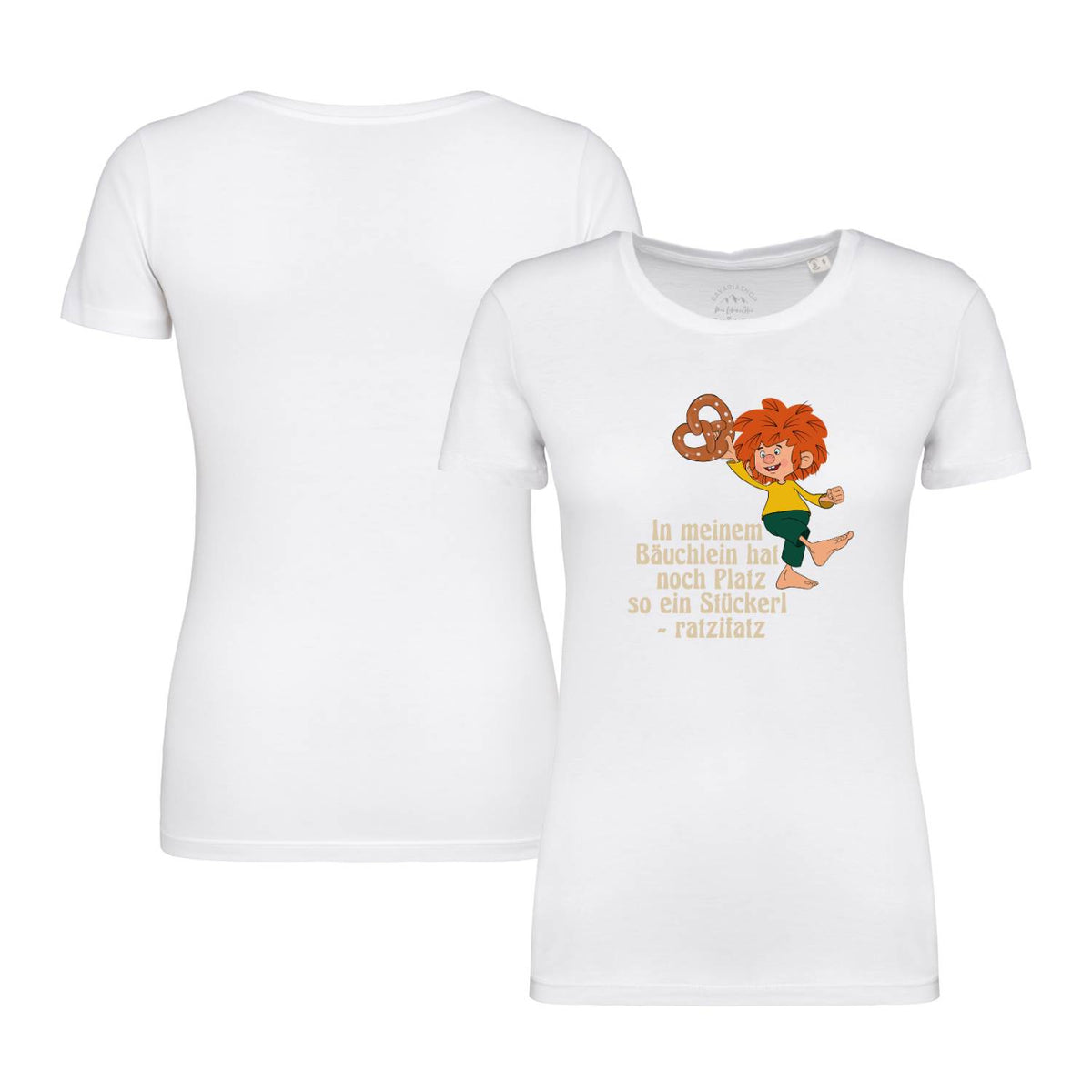 Pumuckl Damen T-Shirt „Brezn Stückerl“ in Weiß – Motiv mit Schriftzug in Orange